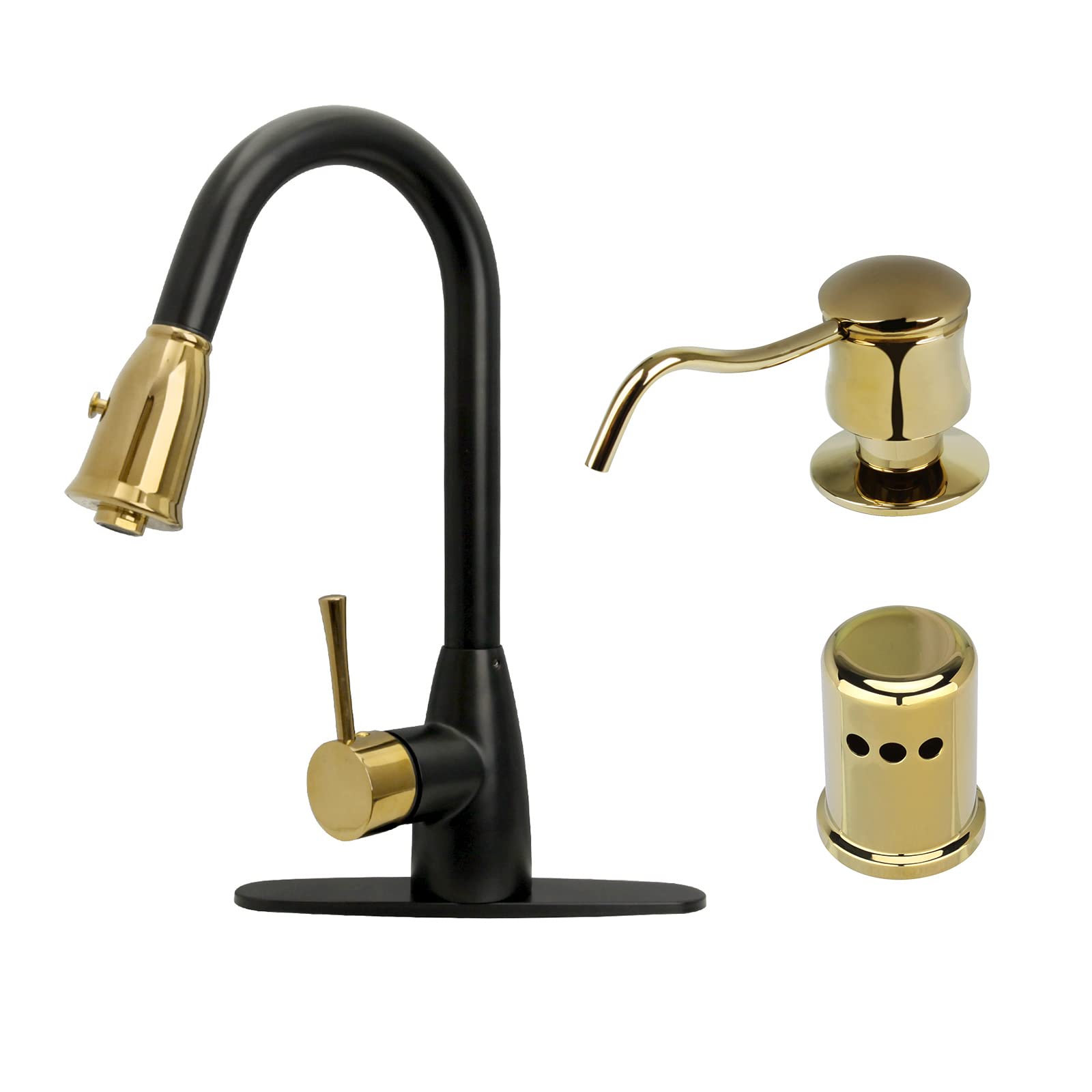 Two Tone Kitchen Faucet with Soap Dispenser and Air Gap, Single Handle Solid Brass High Arc Pull Down Sprayer Head Kitchen Sink Faucets with Deck Plate AK96455