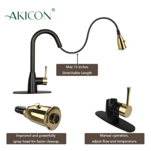 Two Tone Kitchen Faucet with Soap Dispenser and Air Gap, Single Handle Solid Brass High Arc Pull Down Sprayer Head Kitchen Sink Faucets with Deck Plate AK96455