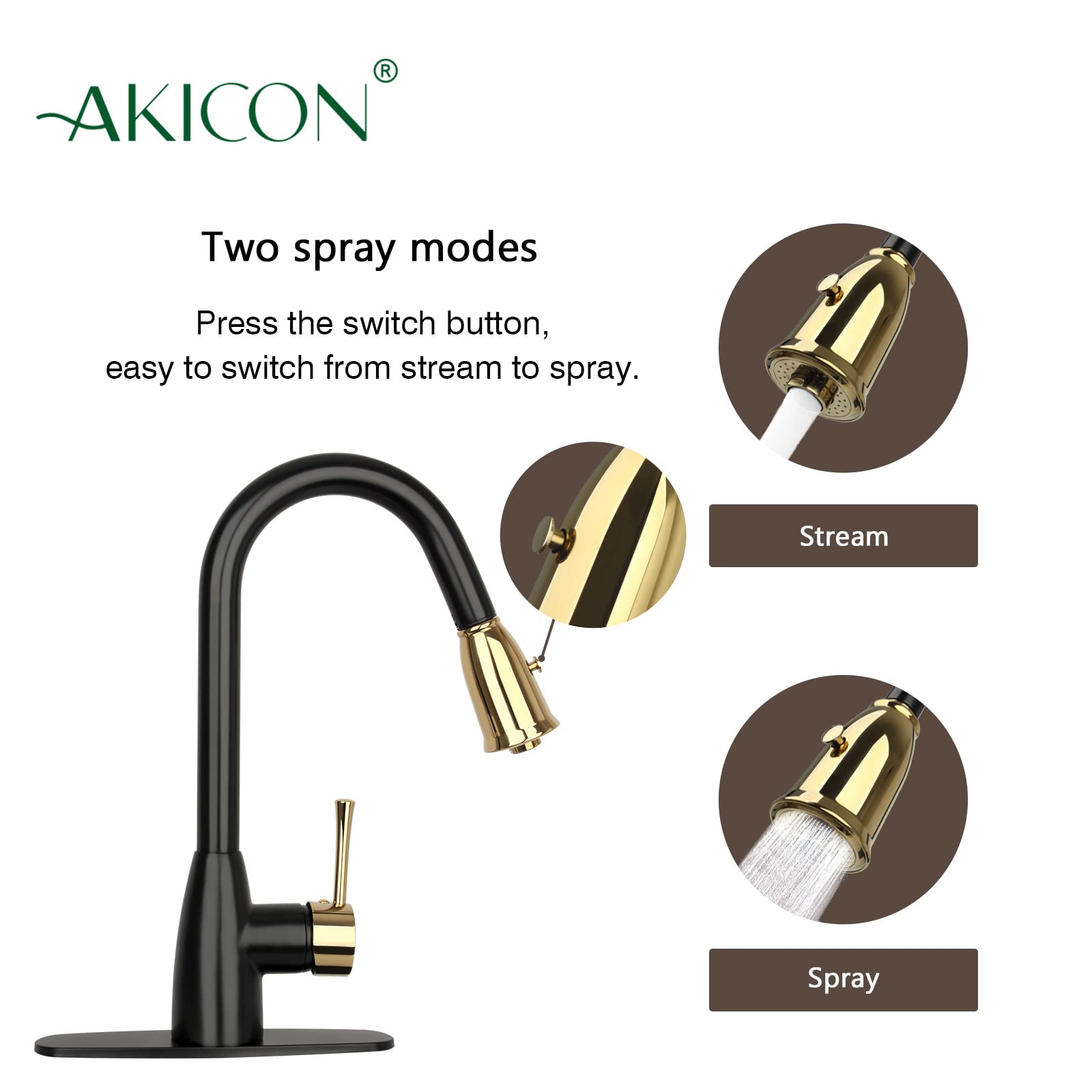 Two Tone Kitchen Faucet with Soap Dispenser and Air Gap, Single Handle Solid Brass High Arc Pull Down Sprayer Head Kitchen Sink Faucets with Deck Plate AK96455