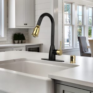 Two Tone Kitchen Faucet with Soap Dispenser and Air Gap, Single Handle Solid Brass High Arc Pull Down Sprayer Head Kitchen Sink Faucets with Deck Plate AK96455