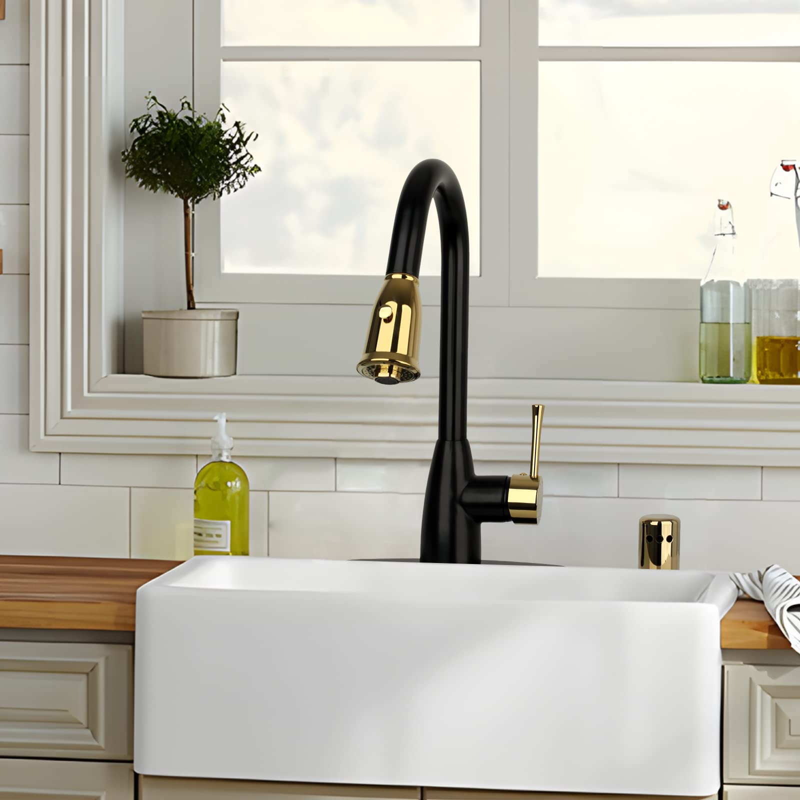 Two Tone Kitchen Faucet with Soap Dispenser and Air Gap, Single Handle Solid Brass High Arc Pull Down Sprayer Head Kitchen Sink Faucets with Deck Plate AK96455