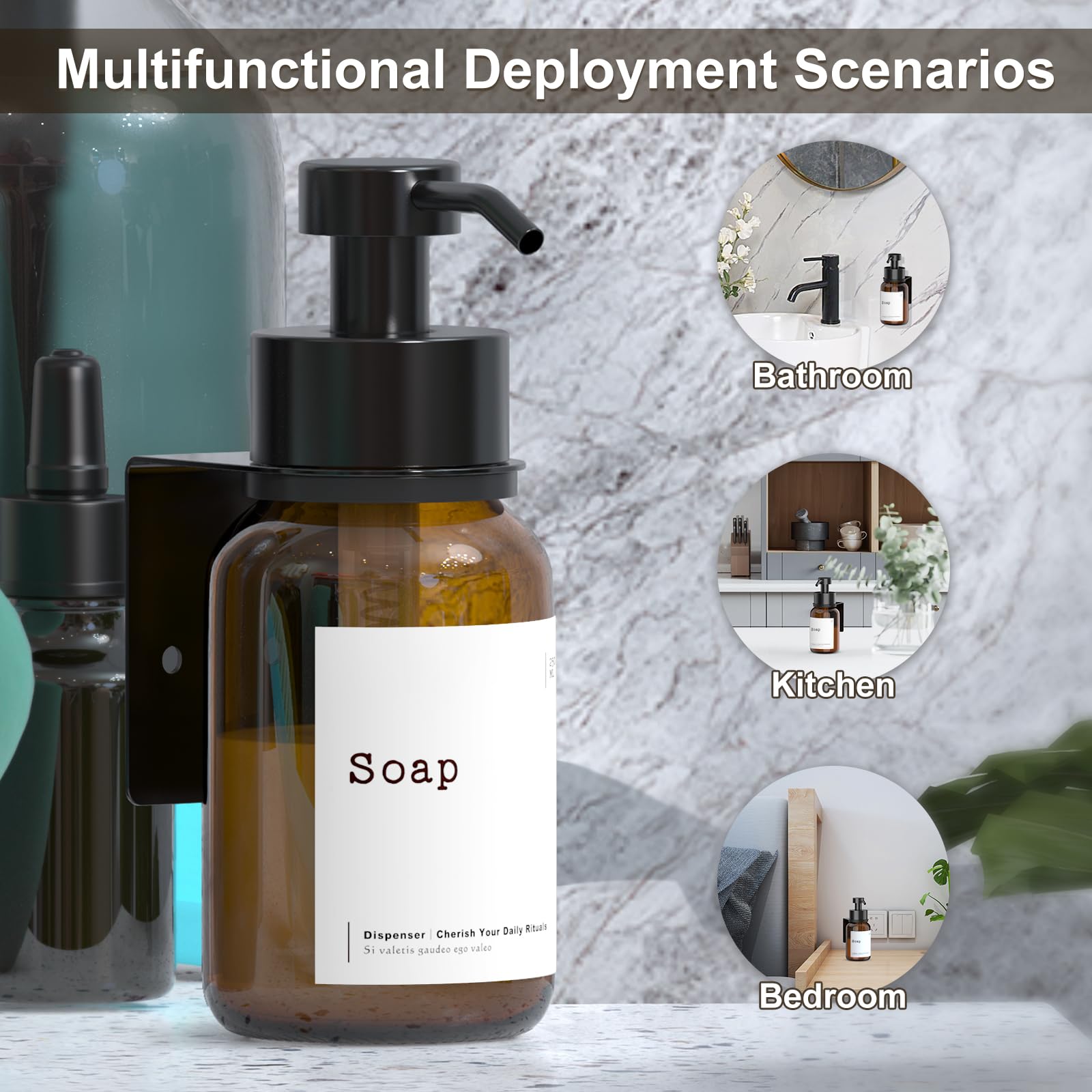 Shampoo and Conditioner Dispensers, Wall Mounted Soap Dispensers Bathroom, No-Drill Shampoo Bottles for Bathroom Shower Bottles Refillable with Labels Amber Shower Hand Dish Soap Pump Dispensers Home