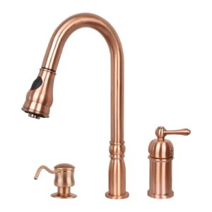 copper kitchen faucet with in-deck handle and soap dispenser, single handle solid brass high arc pull down sprayer head kitchen sink faucet ak97918