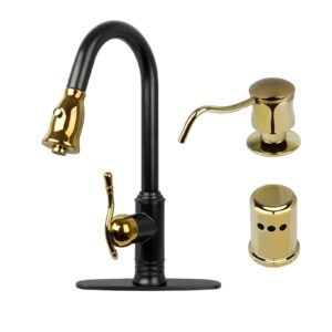 two tone kitchen faucet with soap dispenser and air gap, single handle solid brass high arc pull down sprayer head kitchen sink faucets with deck plate ak96415