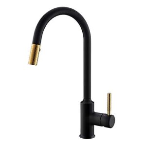 TURS Kitchen Faucet with Pull Out Sprayer Black and Gold High Arc Kitchen Sink Faucets Brass Single Handle Kitchen Taps with 360 Degree Swivel Spout.