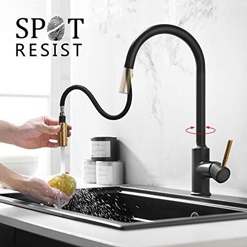 TURS Kitchen Faucet with Pull Out Sprayer Black and Gold High Arc Kitchen Sink Faucets Brass Single Handle Kitchen Taps with 360 Degree Swivel Spout.