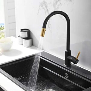 TURS Kitchen Faucet with Pull Out Sprayer Black and Gold High Arc Kitchen Sink Faucets Brass Single Handle Kitchen Taps with 360 Degree Swivel Spout.