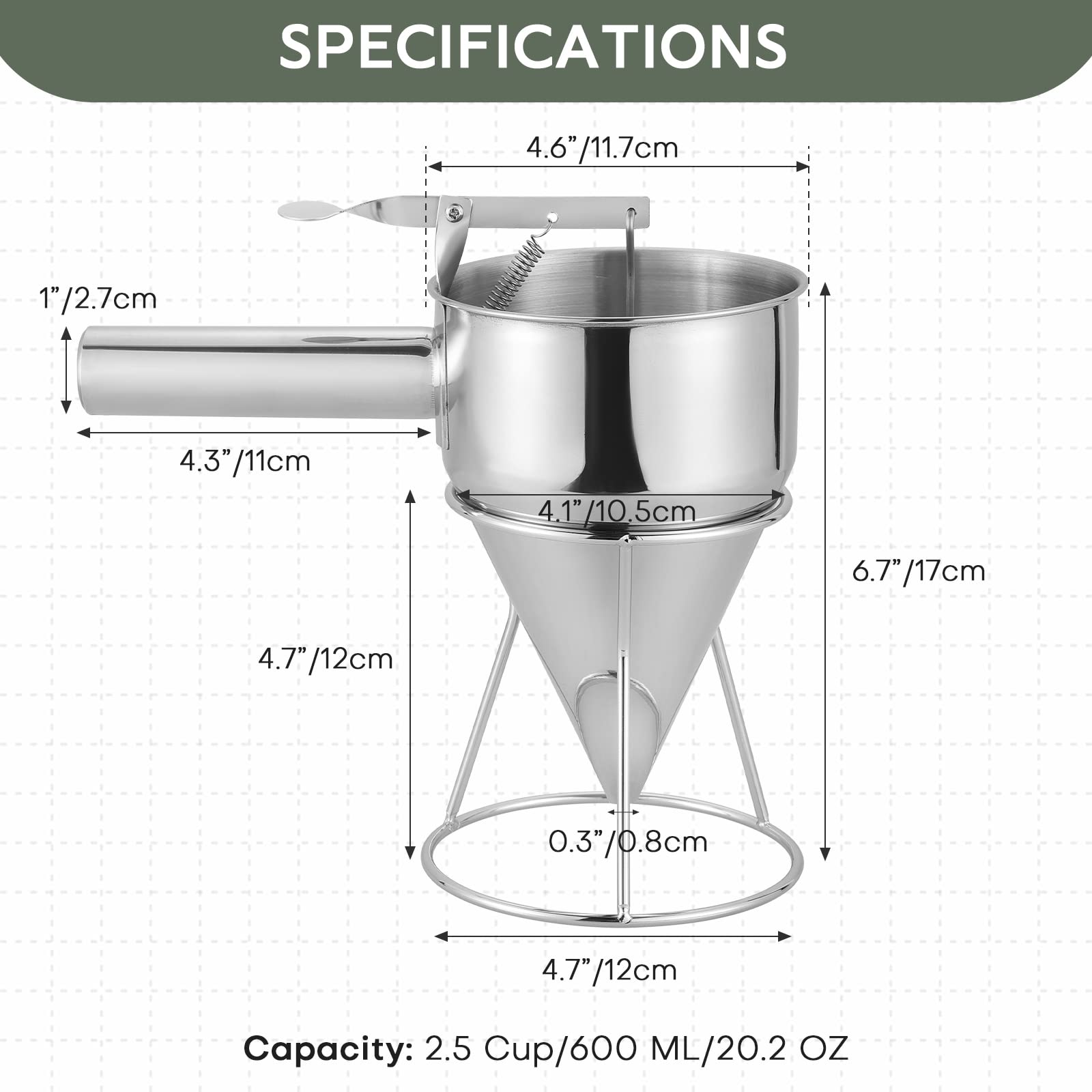 AMGSH Stainless Steel Pancake Batter Dispenser, Piston Funnel Dispenser with Stand Detachable Handle for Takoyaki Baking Cake Desserts (600ML/20OZ)