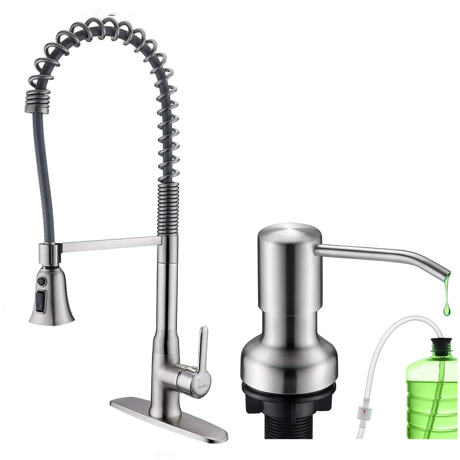 Kitchen Faucet with Soap Dispenser, 24.6" Commercial High Arc Tall Modern Single Handle Spring Kitchen Sink Faucet with Pull Down Sprayer, Modern Rv Kitchen Faucets with Deck Plate, Brush Nickel