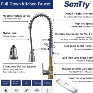 Kitchen Faucet with Soap Dispenser, 24.6" Commercial High Arc Tall Modern Single Handle Spring Kitchen Sink Faucet with Pull Down Sprayer, Modern Rv Kitchen Faucets with Deck Plate, Brush Nickel