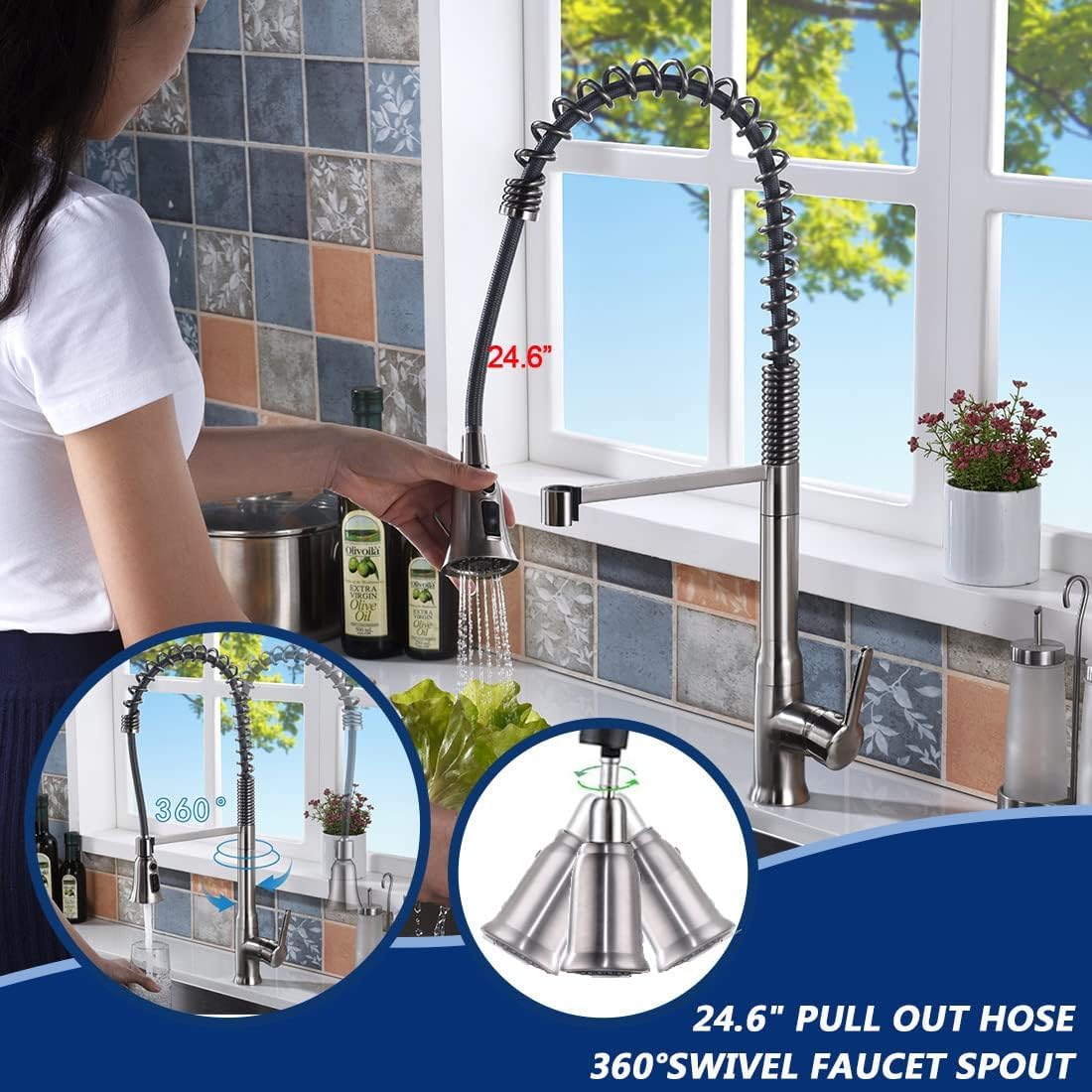 Kitchen Faucet with Soap Dispenser, 24.6" Commercial High Arc Tall Modern Single Handle Spring Kitchen Sink Faucet with Pull Down Sprayer, Modern Rv Kitchen Faucets with Deck Plate, Brush Nickel