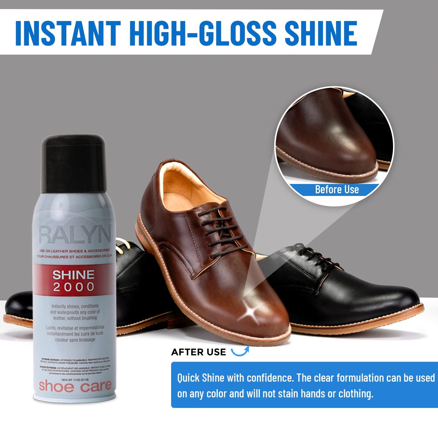 Ralyn 11oz Shoe Shine 2000 Quick Shine - No Buffing Needed- Leather Polish For Shoes, Bags, Furniture, Wallets, Purses - Liquid Shoe Polish for Shoe Shine Care and Quick Shine