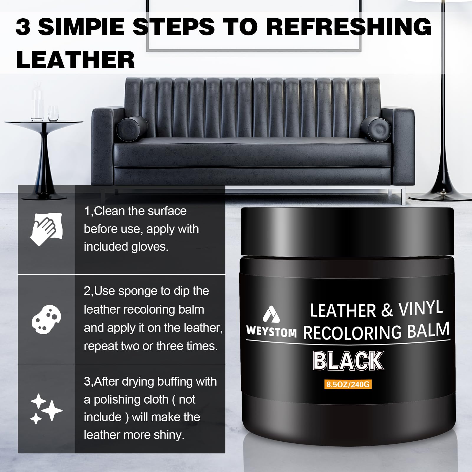 WEYSTOM Leather Recoloring Balm - Black Leather Repair Kit for Furniture, Leather Dye, Recolor, Renew, Repair & Restore Aged, Faded, Cracked, Peeling and Scuffed Leather