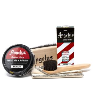 angelus shoe shine kit, black- boot and shoe polish wax, shoe cream 3oz, horsehair brush, dauber, and cloth | 5 piece set