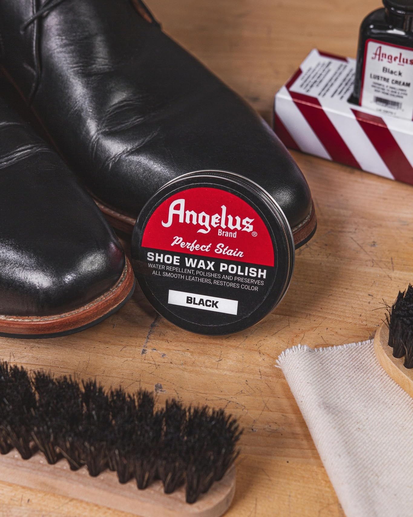 Angelus Shoe Shine Kit, Black- Boot and Shoe Polish Wax, Shoe Cream 3oz, Horsehair Brush, Dauber, and Cloth | 5 Piece Set