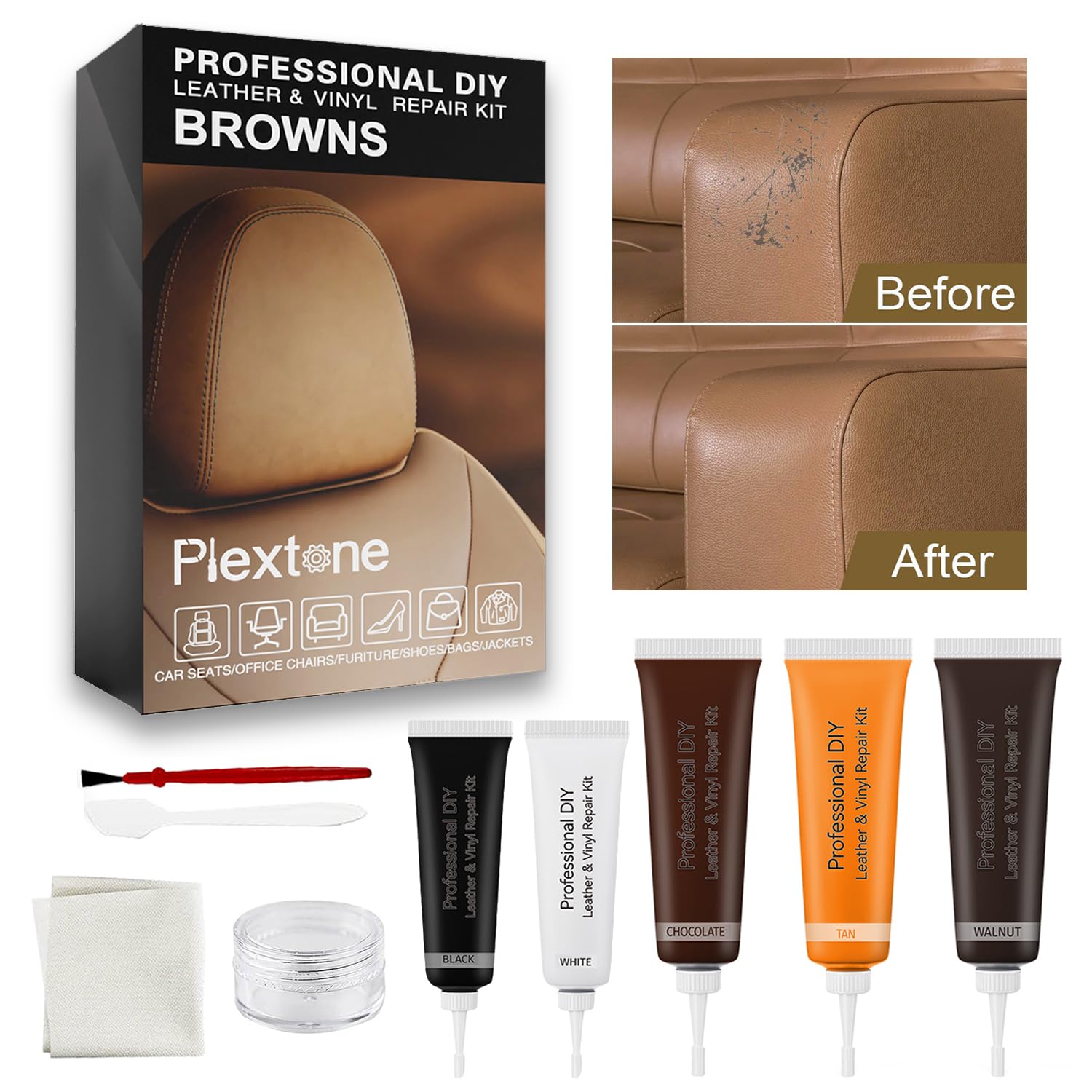 Plextone DIY for Small Leather Repair and Vinyl Repair Kit - Patch Leather and Vinyl with Ease for Car Seats, Shoes, Couches, Repair and More. (Brown)