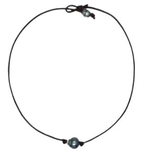 tahitian black pearl on brown leather chain