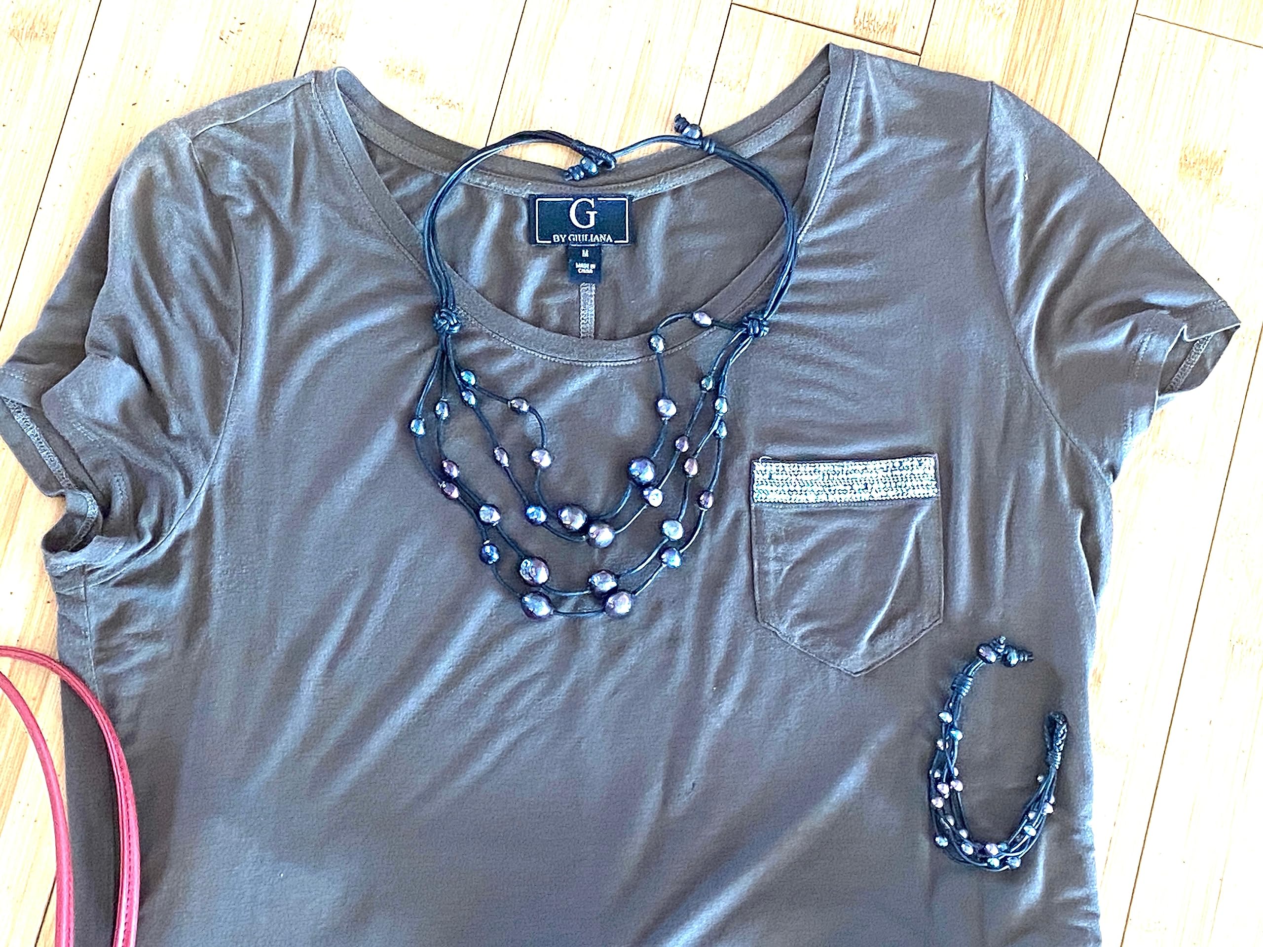 Peacock Black Pearl Bib on Black Leather Cord