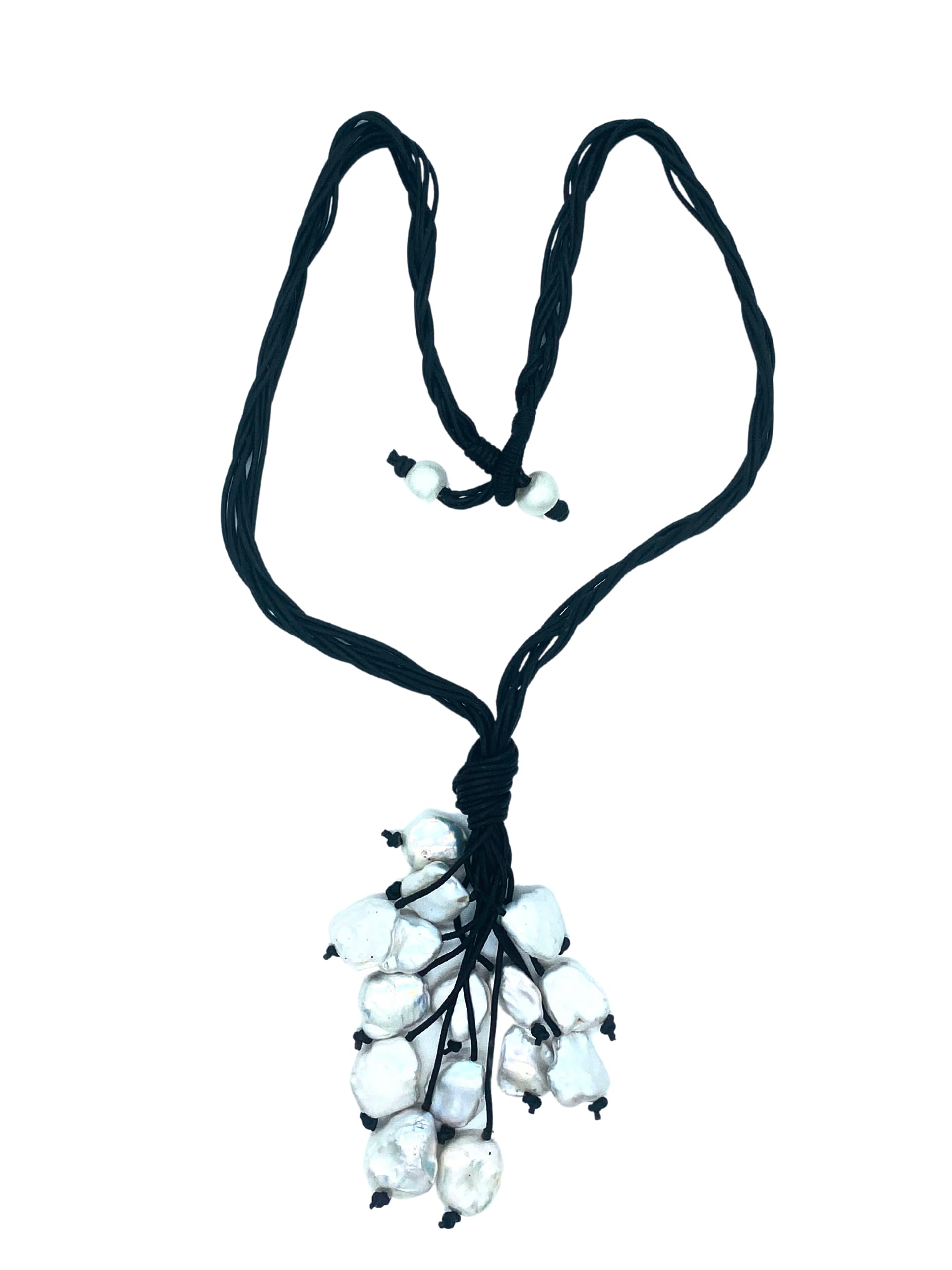 Keshi White Pearl Cluster Y-Necklace on Leather Cord