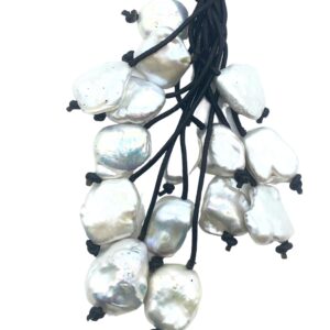 Keshi White Pearl Cluster Y-Necklace on Leather Cord