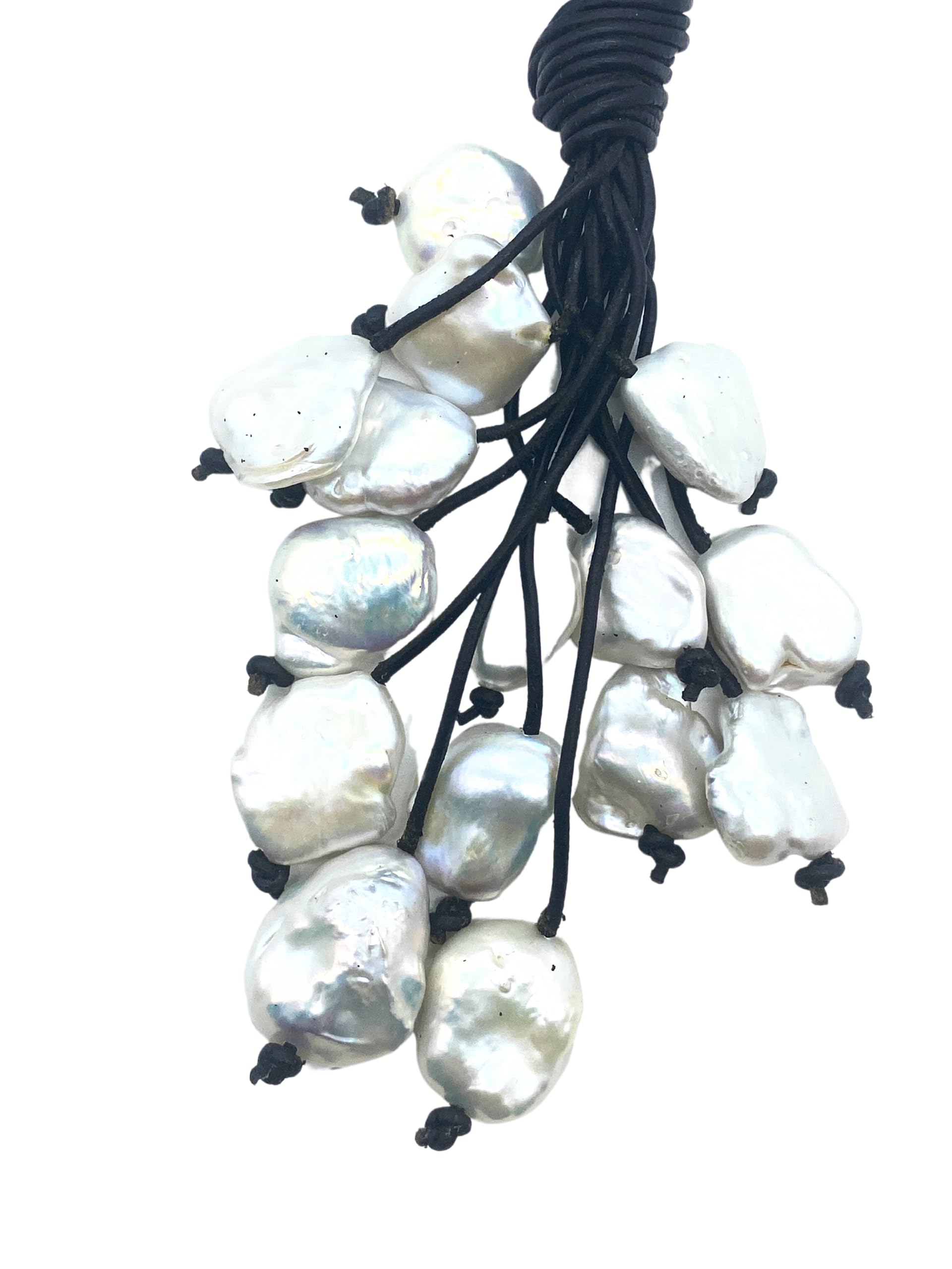 Keshi White Pearl Cluster Y-Necklace on Leather Cord