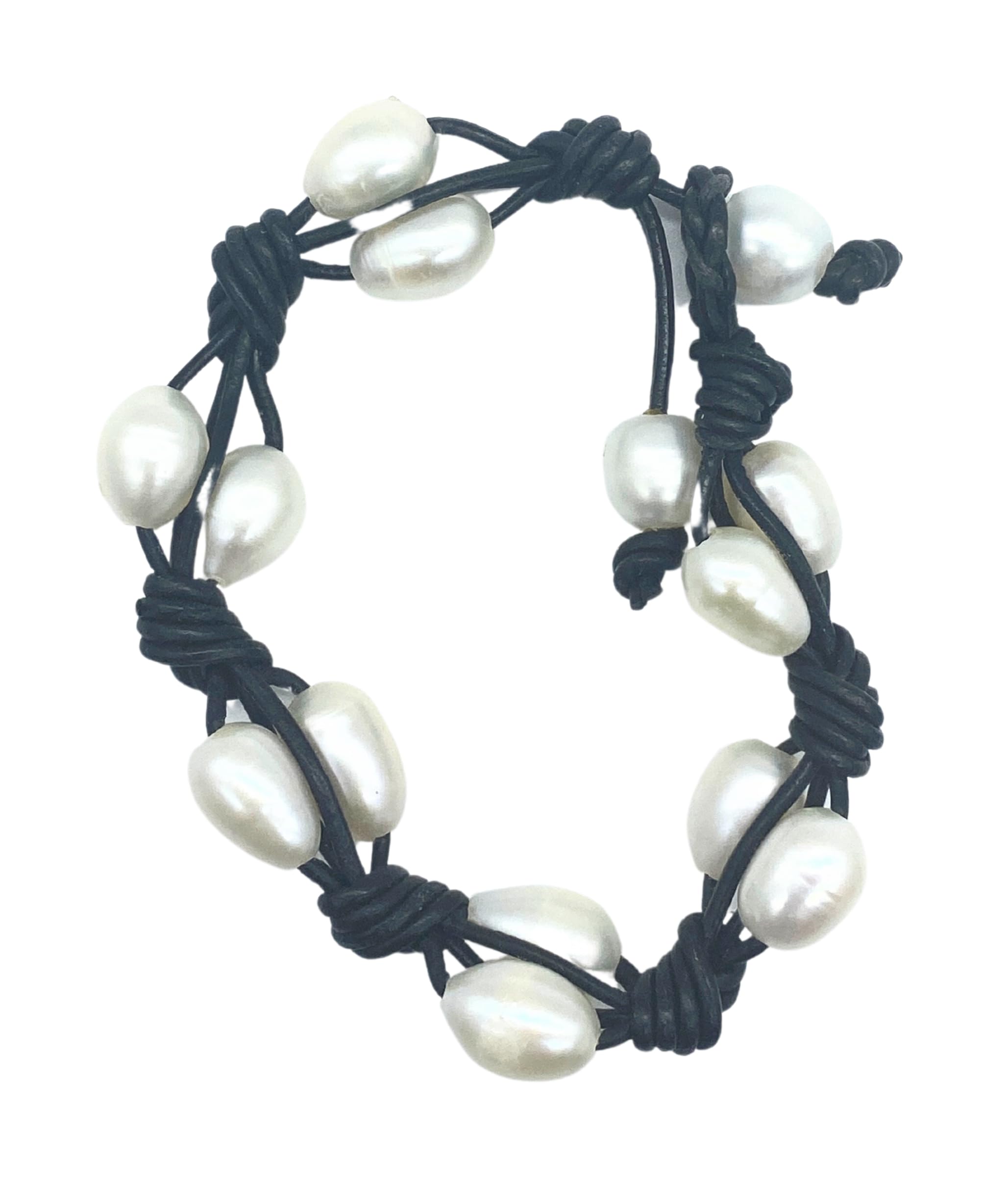 White Pearl on Black Leather Cord Necklace, Bracelet, Earring Set