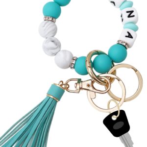 Munchewy Personalized Key Ring Bracelet Wristlet Keychain with Name, Car Keychain Holder Silicone Beaded Bracelet Keychain Bangle Chains with Leather Tassel Keyrings for Women(Turquoise)