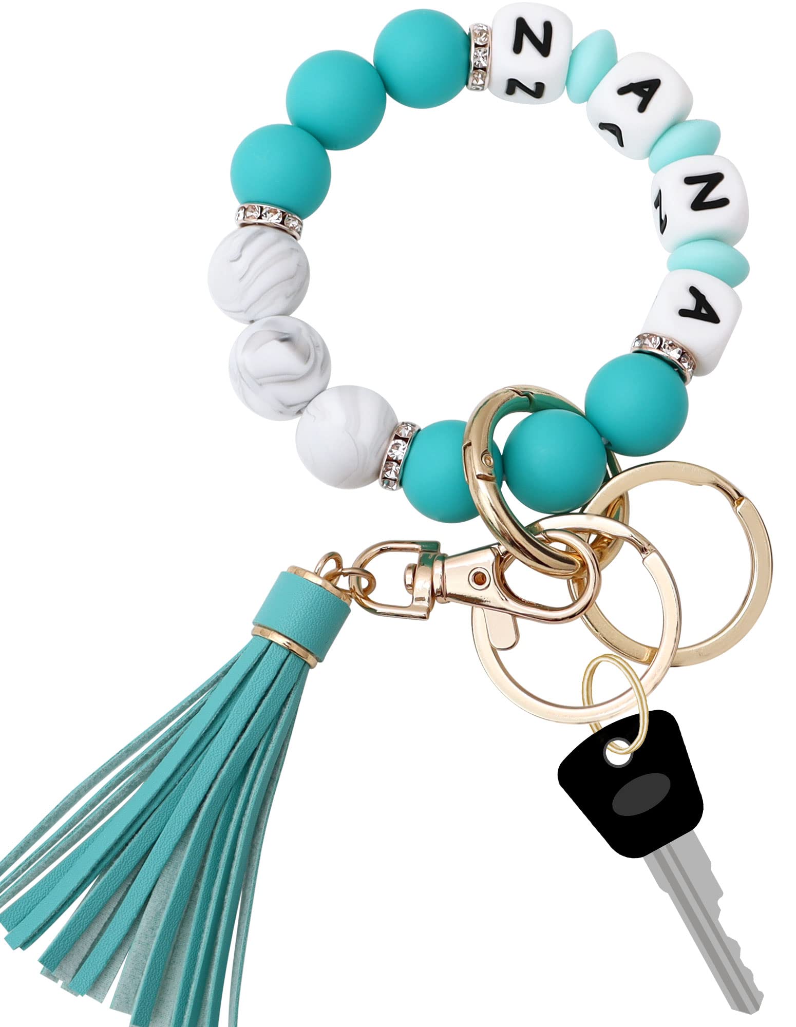 Munchewy Personalized Key Ring Bracelet Wristlet Keychain with Name, Car Keychain Holder Silicone Beaded Bracelet Keychain Bangle Chains with Leather Tassel Keyrings for Women(Turquoise)