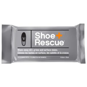 shoerescue all-natural cleaning wipes for leather and suede shoes. remove surface stains & grime. re-sealable pack of 15 wipes.