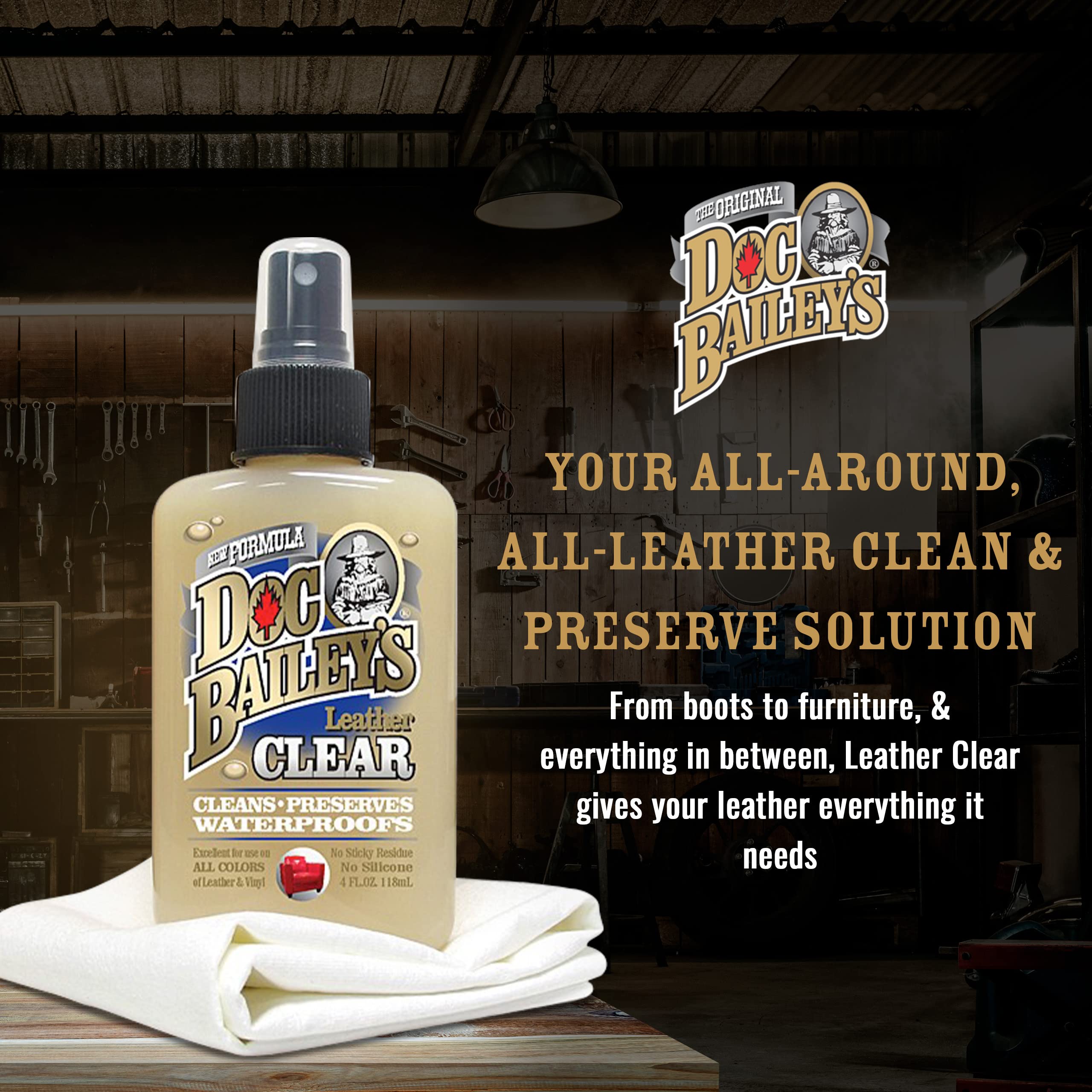 Doc Baileys “Clear” Formula for Any Color Leather- One Step Kit- Conditioner, Cleaner, and Softener- Waterproof, Stain Proof, Maintain and Protect Leather, Vinyl, Canvas, and More- No Sticky Residue