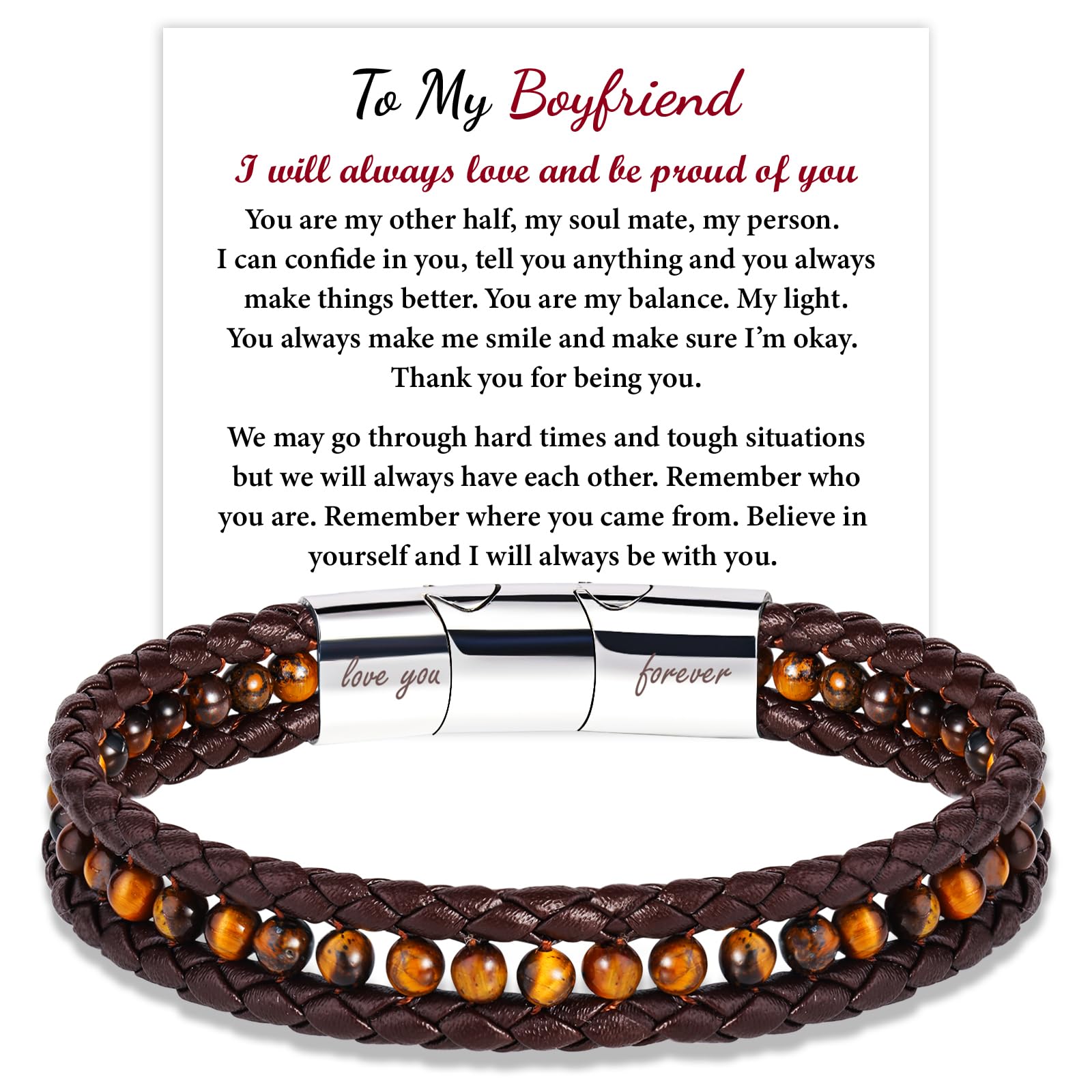 CARITATE To My Boyfriend Tiger Eye Leather Bracelets For Men, Mens Braided Beaded Bracelets Jewelry Birthday Anniversary Valentines Day Gifts For Him Boyfriend, Cool Men Jewelry Gifts For Men/BF