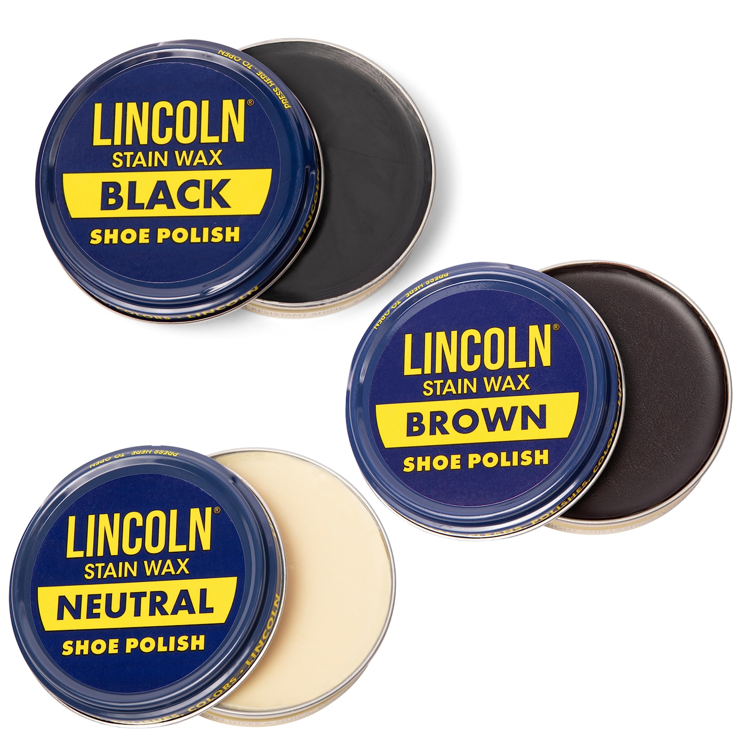 Lincoln Stain Wax Shoe Polish Black, Brown, Neutral Variety 3 fl oz, 3 Pack