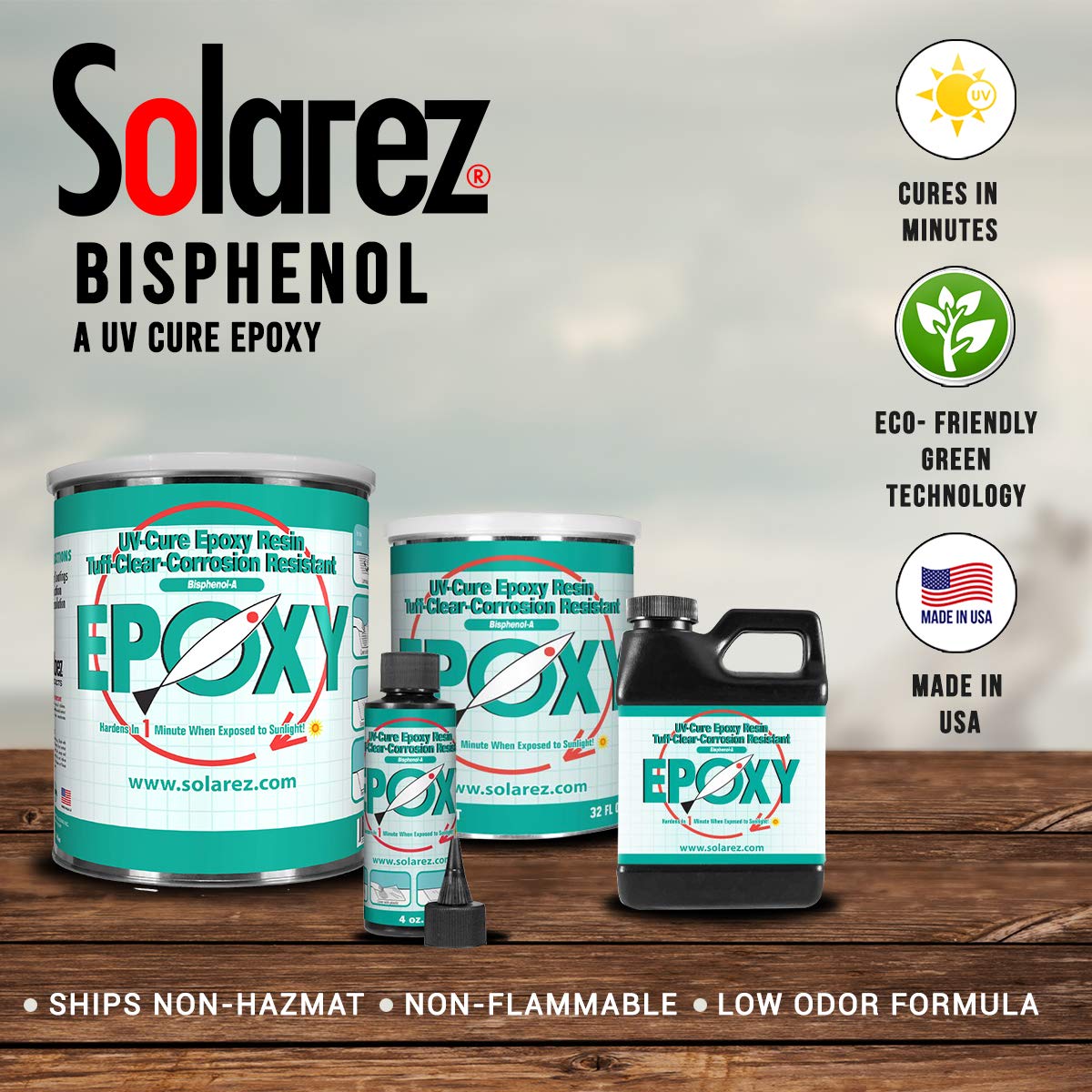 SOLAREZ Bisphenol-A (pint) UV Cure Epoxy Resin ~ Clear Gloss Industrial Standard Epoxy Resin, Corrosion Resistant, Non-Hazmat, 1-min Cure Direct Sun, Boats, Canoes, Wood, Fiberglass, Made in The USA