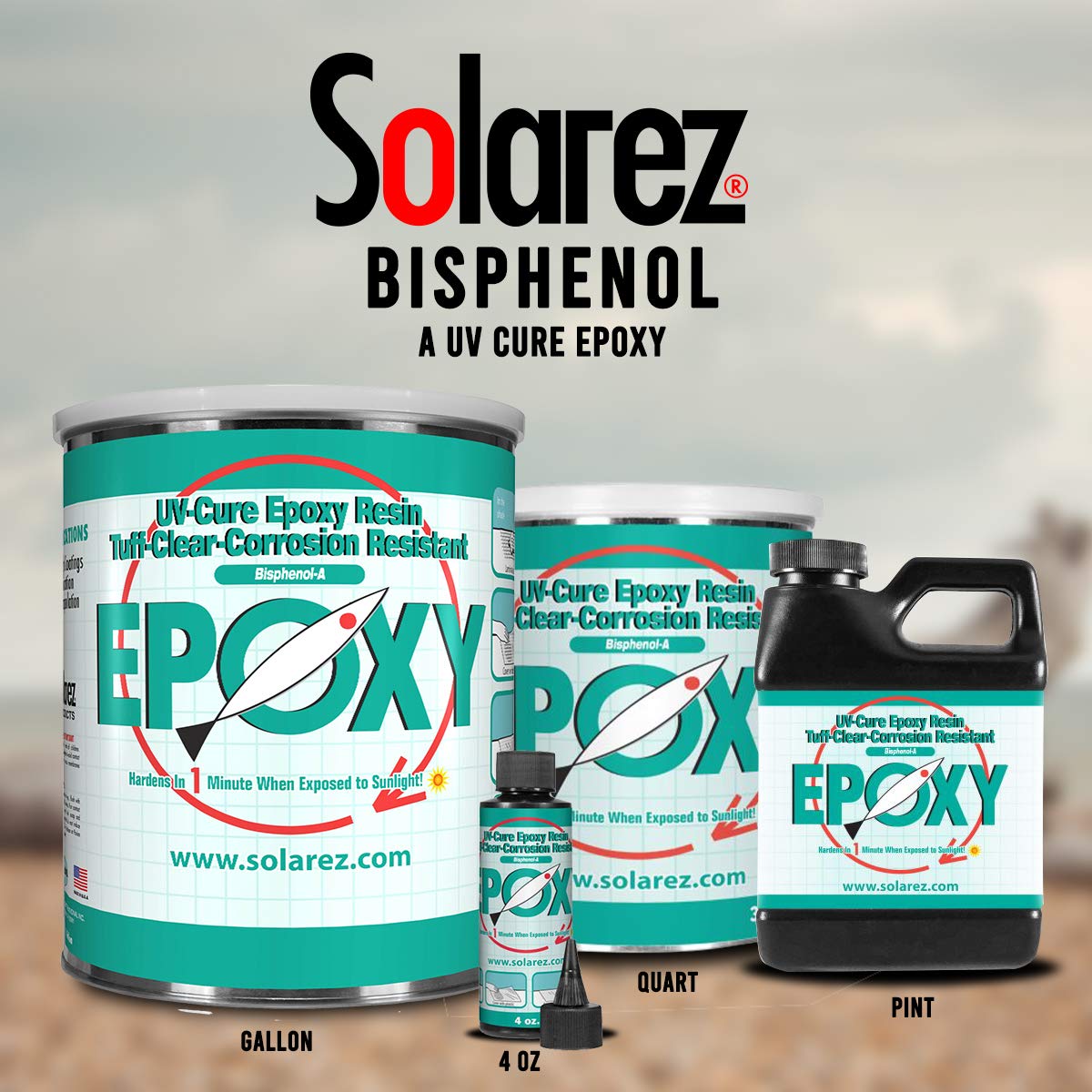 SOLAREZ Bisphenol-A (pint) UV Cure Epoxy Resin ~ Clear Gloss Industrial Standard Epoxy Resin, Corrosion Resistant, Non-Hazmat, 1-min Cure Direct Sun, Boats, Canoes, Wood, Fiberglass, Made in The USA