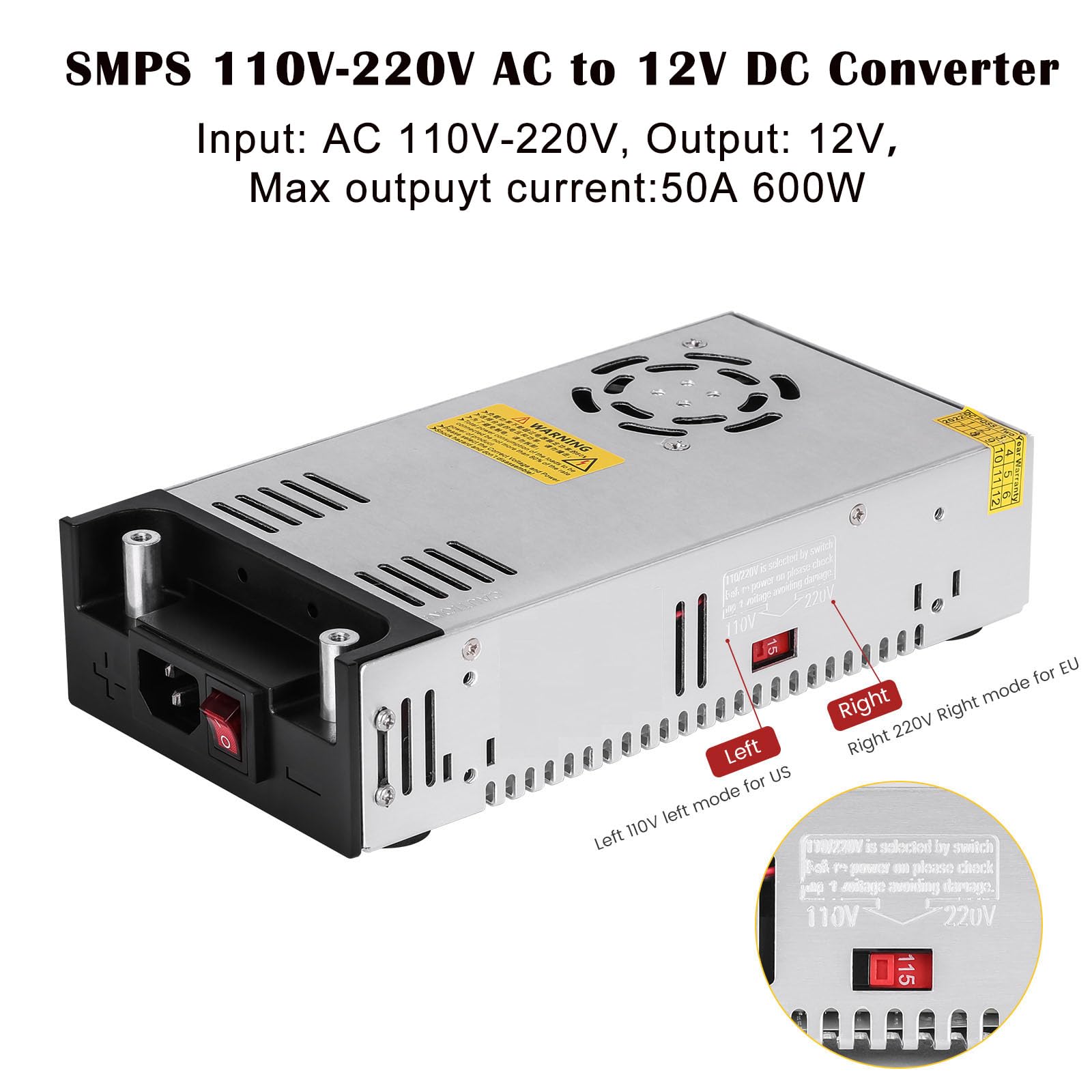 New Version AC to DC Converter,Titoe SMPS 110V-220V AC to 12V DC Converter Power Supply Adjustable Switch Power Supply Transformer Max 50A 600W Built in Cooling Fan