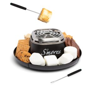 nostalgia tabletop indoor electric s'mores maker - smores kit with marshmallow roasting sticks and 4 trays for graham crackers, chocolate, and marshmallows - movie night supplies - black