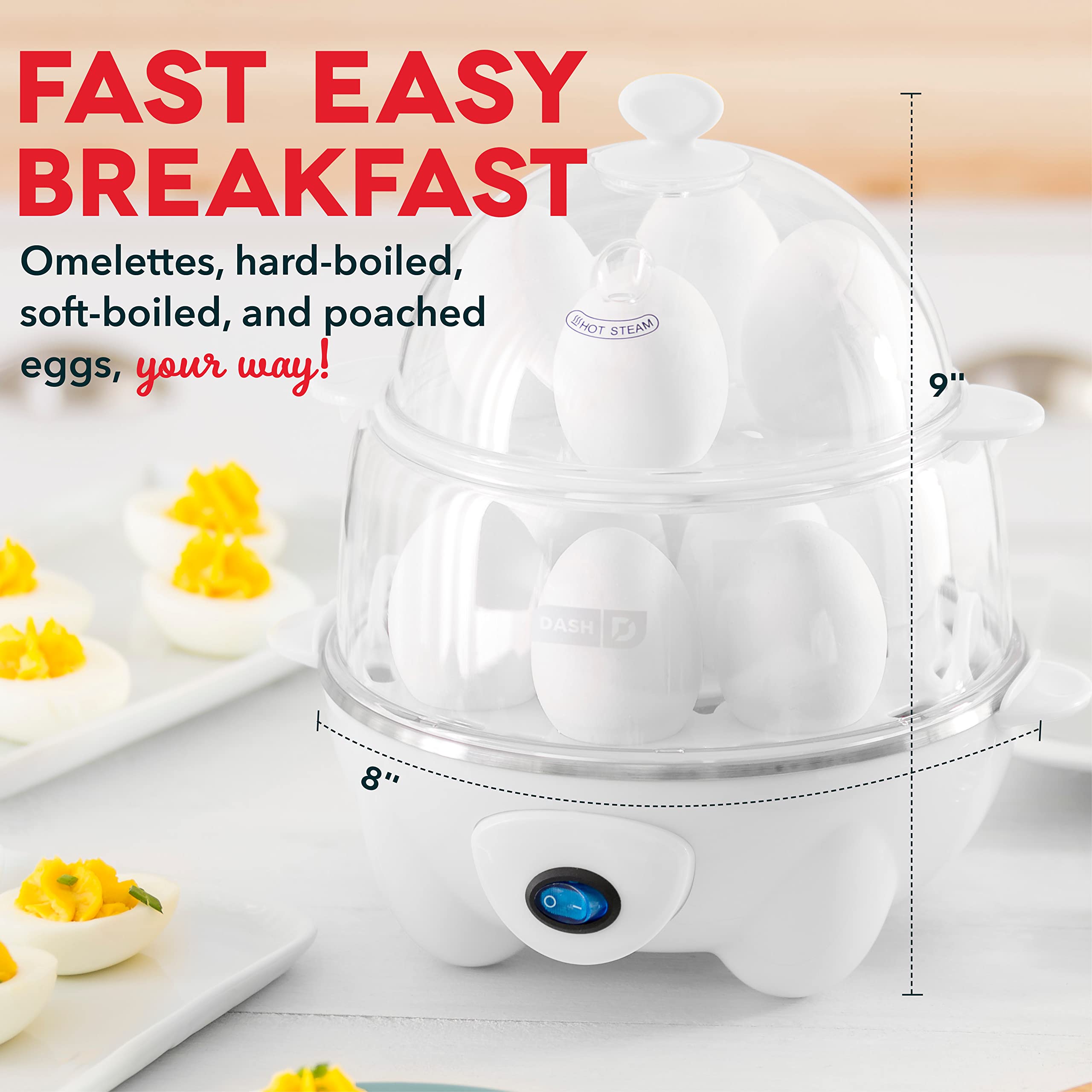 DASH Deluxe Rapid Egg Cooker for Hard Boiled, Poached, Scrambled Eggs, Omelets, Steamed Vegetables, Dumplings & More, 12 capacity, with Auto Shut Off Feature - White