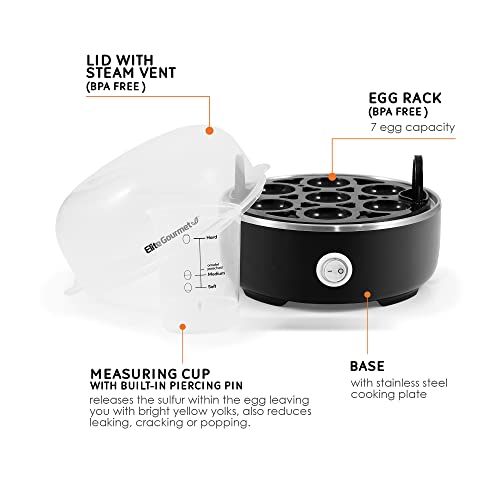 Elite Gourmet EGC115B Easy Egg Cooker Electric 7-Egg Capacity, Soft, Medium, Hard-Boiled Egg Cooker with Auto Shut-Off, Measuring Cup Included, BPA Free, Classic Black