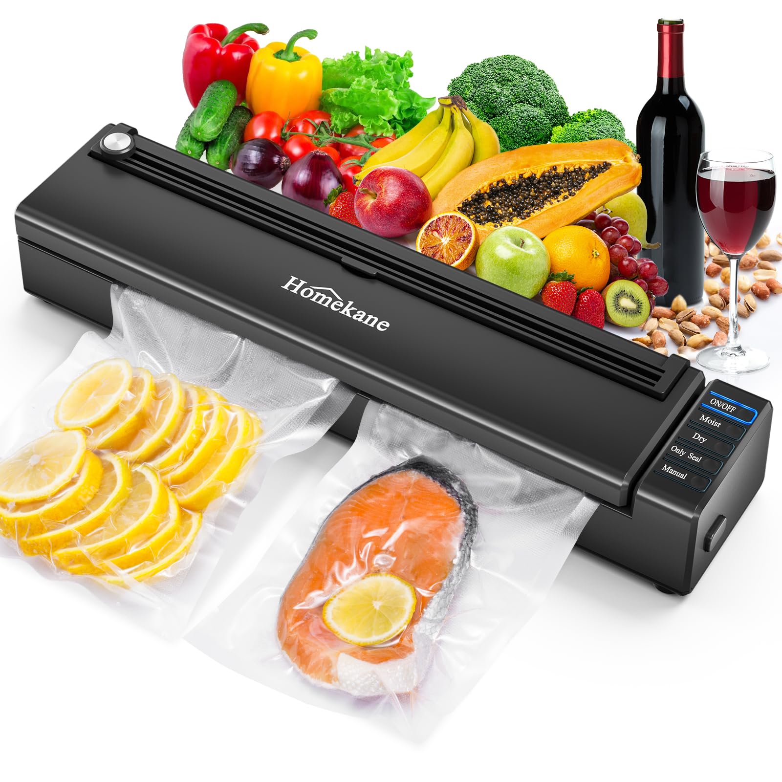 Vacuum Sealer Machine HOMEKANE, 80kPa Vacuum Food Sealer with Dry & Moist Food Preservation Modes, Built-in Cutter with 5 Sealing Bags for Food Storage, Black