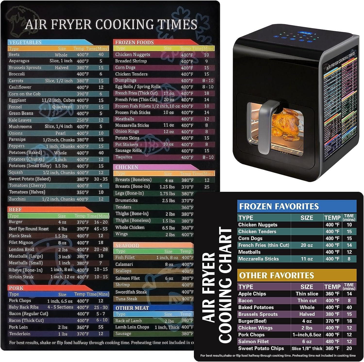 Air Fryer Cheat Sheet Magnetic Air Fryer Cooking Times Chart Magnet Cheat Sheet Set Air Fryer Accessories Cook Book Recipe Card Meat Temp Guide for Airfryer Oven Cooking Pot Kitchen Appliances 2 Pack