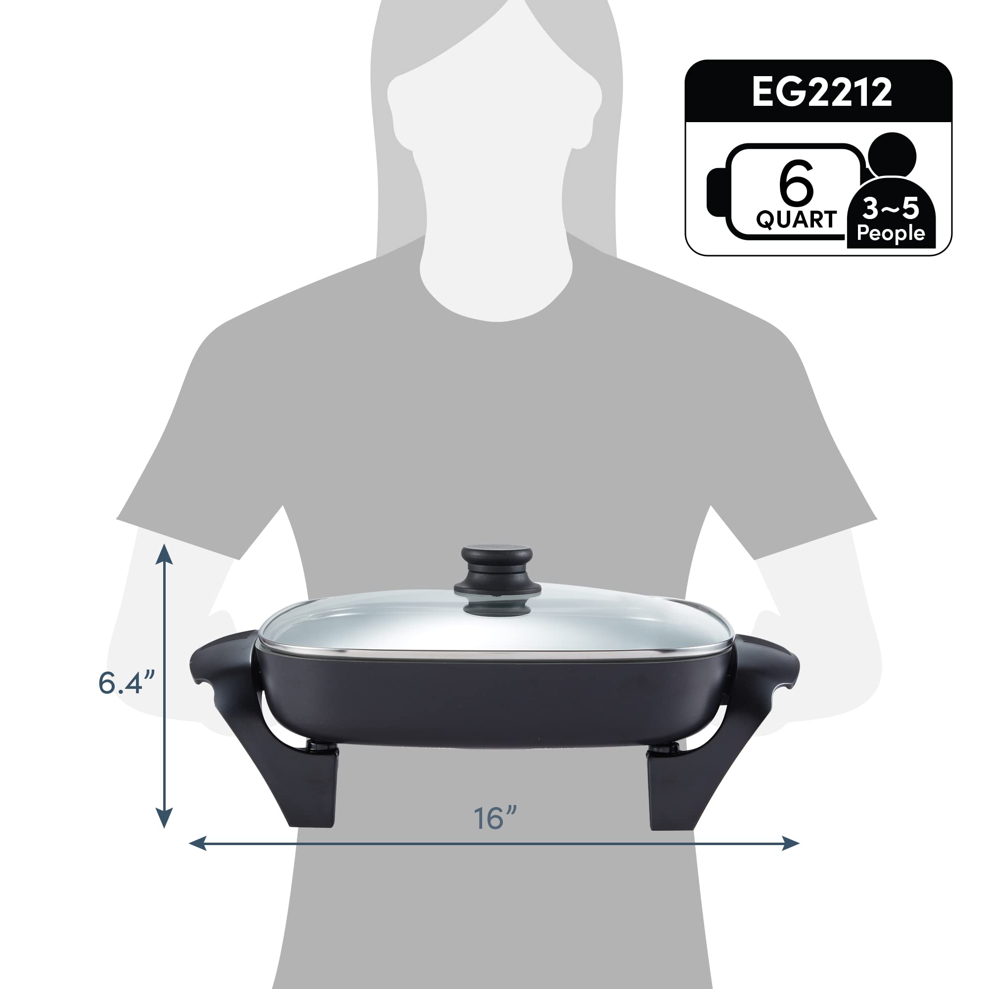 Elite Gourmet EG2212 12"x12"x2.15” Healthy Ceramic Coated Electric Skillet, Dishwasher Safe, Rapid Heat Up, 1200W, Dark Grey