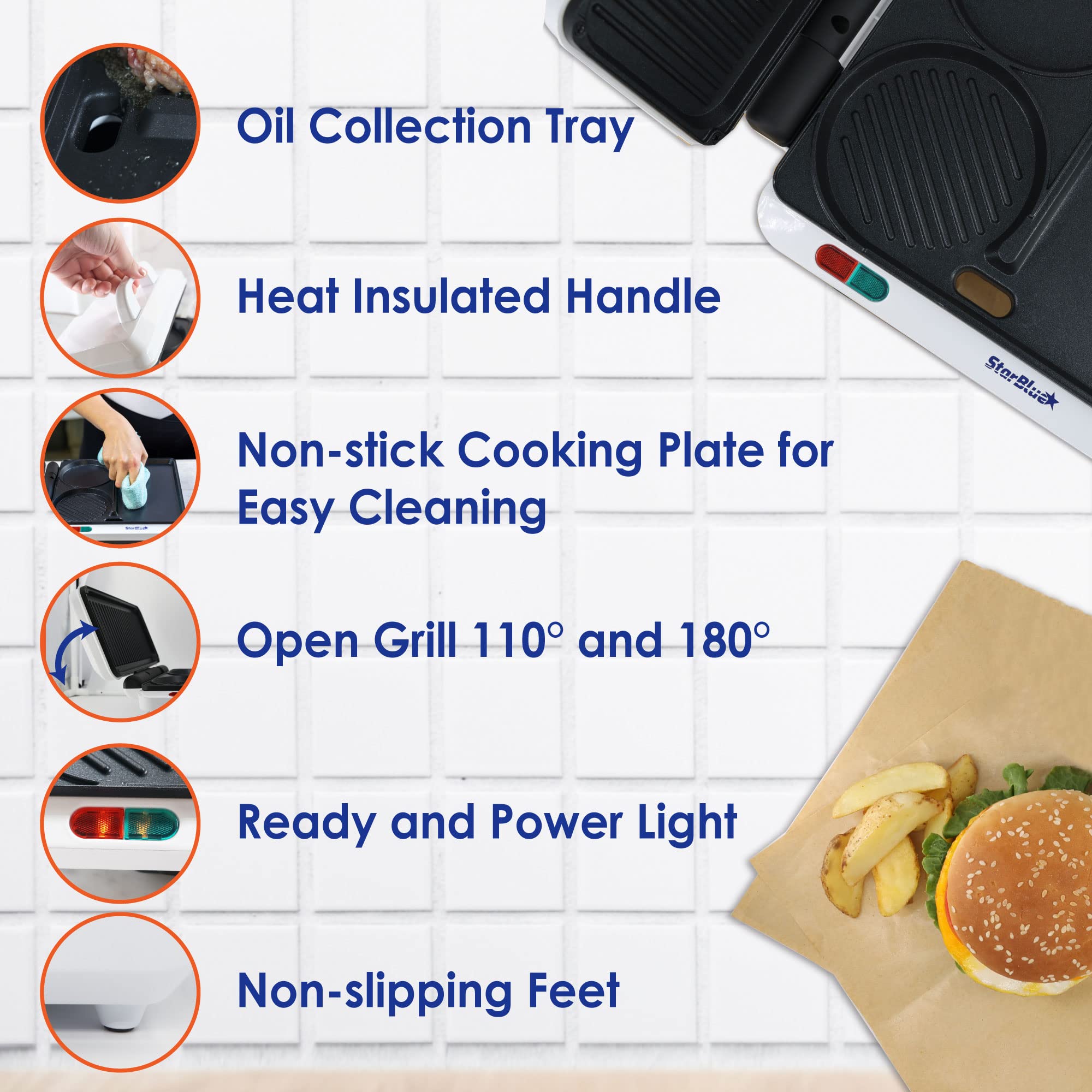 Hamburger Grill Maker by StarBlue with FREE Burger Press and Recipes eBook - Portable and Multipurpose Machine AC120V 60HZ 1000W