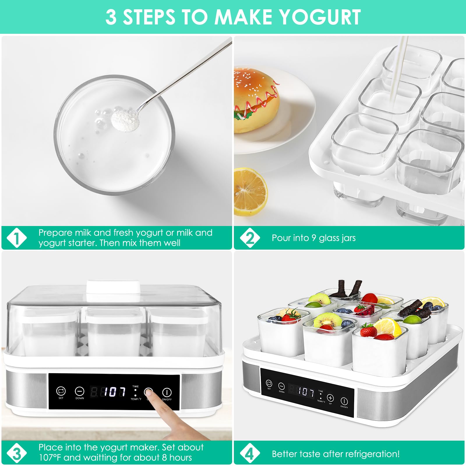 LIFERUN Yogurt Maker Machine, Greek Yogurt Maker with Temperature Control & Time Control, Automatic Digital Yogurt Machine is Easy to Use, Glass Jars are Easy to Clean, Perfect for Home Organic Yogurt