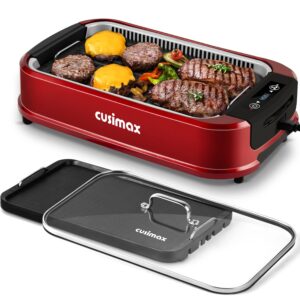 indoor grill, cusimax smokeless grill indoor, electric grill griddle, 1500w korean bbq grill with led smart display & tempered glass lid, non-stick removable grill plate & griddle plate, red