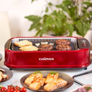 Indoor Grill, CUSIMAX Smokeless Grill Indoor, Electric Grill Griddle, 1500W Korean BBQ Grill with LED Smart Display & Tempered Glass Lid, Non-stick Removable Grill Plate & Griddle Plate, Red