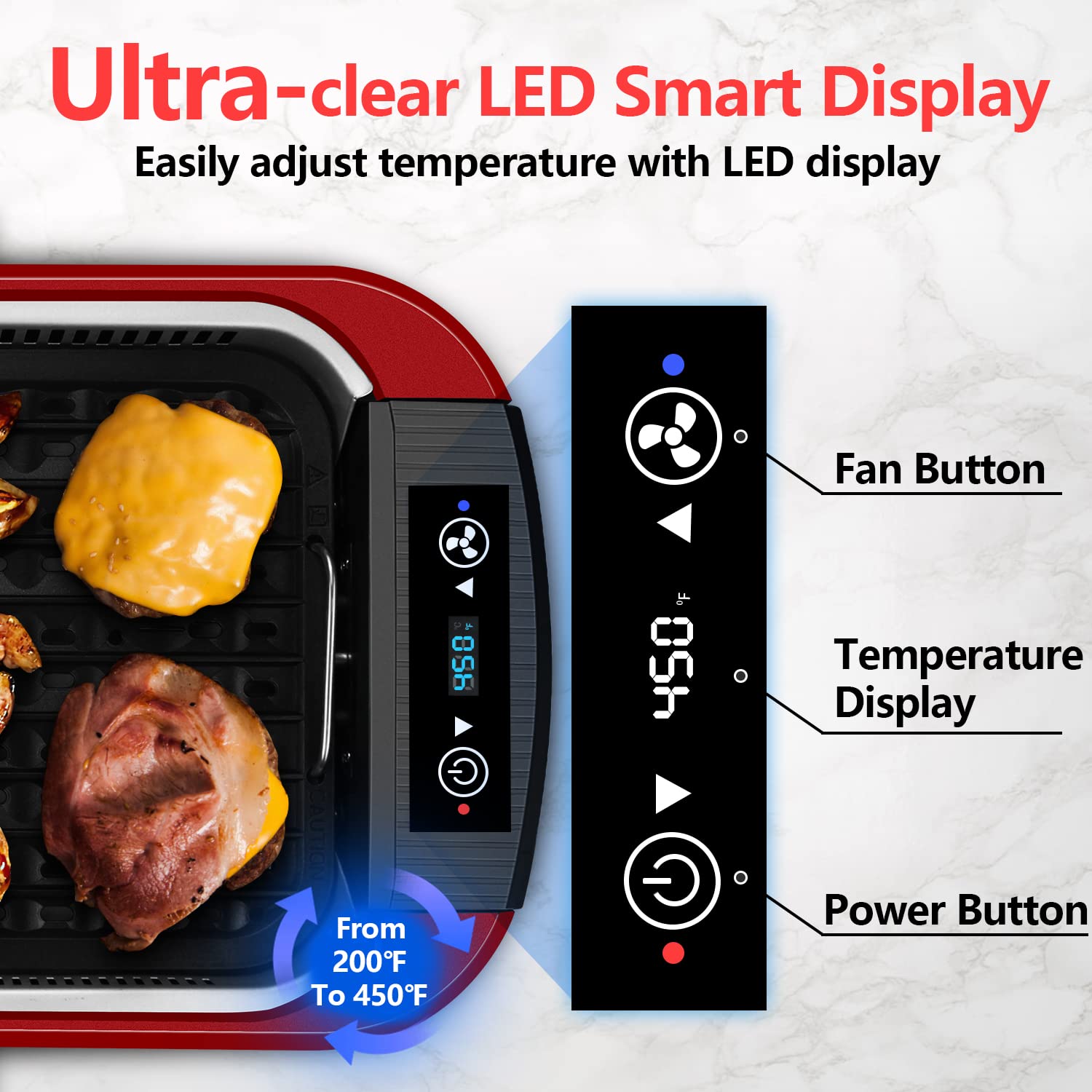 Indoor Grill, CUSIMAX Smokeless Grill Indoor, Electric Grill Griddle, 1500W Korean BBQ Grill with LED Smart Display & Tempered Glass Lid, Non-stick Removable Grill Plate & Griddle Plate, Red