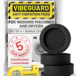 Anti Vibration Pads for Washing Machine featuring 3D TrianGrip & FREE Level Tool - Larger Opening Fits All Washer Feet - Stops Moving, Walking - Prevents Noise, Vibration Transfer - VIBEGUARD 4 Pack