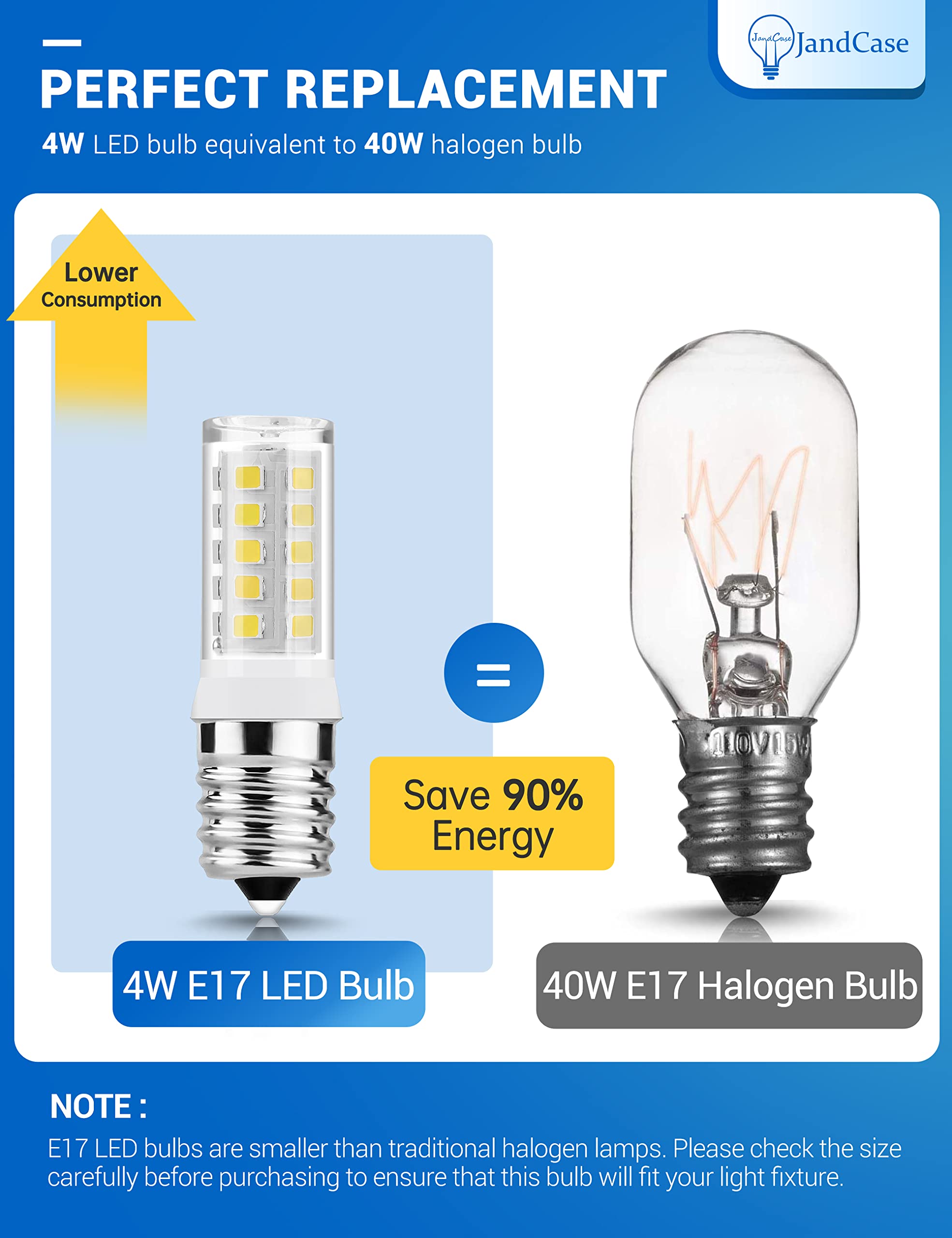 JandCase E17 LED Bulbs, Microwave Oven Light Bulbs 40 Watt Equivalent Non-Dimmable, Warm White 3000K Under Microwave Light Bulb, E17 Appliance Bulbs Replacement for Refrigerator, Stove Hood, 2 Pack