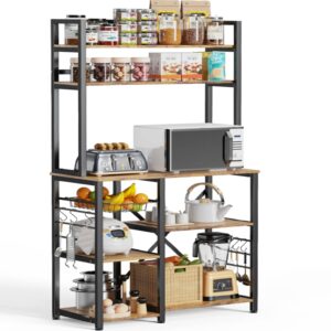 Gizoon Home Kitchen Baker's Rack with Spacious Storage, 5 Tier Versatile Microwave Stand Shelf with Basket & Side Hooks,Free Standing, Sturdy, Durable-Retro