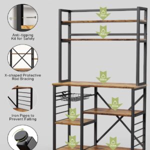 Gizoon Home Kitchen Baker's Rack with Spacious Storage, 5 Tier Versatile Microwave Stand Shelf with Basket & Side Hooks,Free Standing, Sturdy, Durable-Retro